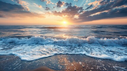 The sun sets creating a golden hue over the waves on a sandy beach, symbolizing peace and end of day - Powered by Adobe
