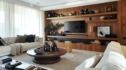 A sophisticated living room design highlighted by a chic wood floating shelf, elegantly organizing various ornaments and artifacts