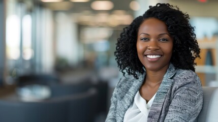 Obraz premium Portrait of a cheerful African American professional woman with a welcoming smile in an office
