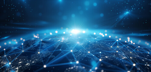 Abstract global network concept with blue glowing connections over the earth, map of Europe and America on starry sky background, information exchange in the cyber world