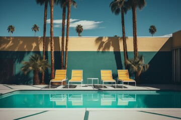 Swimming pool with beach chair, retro color, retro style