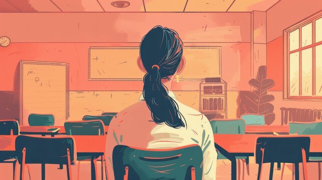 Show a foreign language teacher in a classroom, doubting her linguistic skills