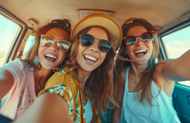 A group of female friends having fun on a road trip summer adventure
