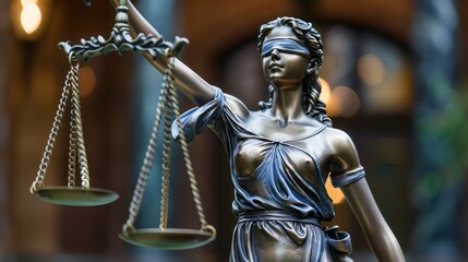 A focus on the scales of justice held by the iconic Lady Justice statue, standing in a law library