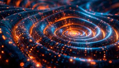 a quantum computing core bathed in luminous light, with abstract algorithmic patterns dancing across its surface