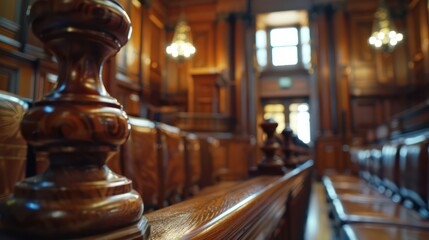 Capturing the majestic wooden benches and a judge's gavel inside a traditional courtroom, focusing on quality craftsmanship