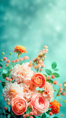Delicate roses and blooms in soft shades of pink, coral, and cream float ethereally against a tranquil teal backdrop, creating a dreamlike floral display