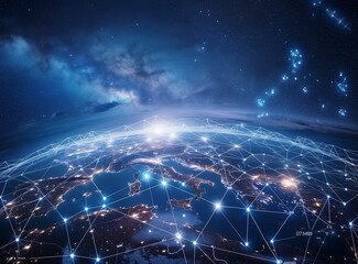 Digital map of Europe with global network connections, blue color theme, stars in the sky, night view from space perspective, glowing lines connecting cities on earth at dark starry background, teleco