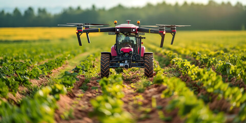 High-Tech Farming. Advanced Farming Technology: Tractor and Drone in Field