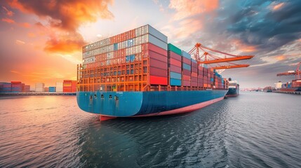 Captivating sunset hues with a large cargo ship carrying containers on a tranquil sea