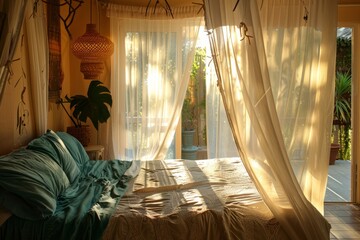 A calming bedroom with a canopy bed, sheer curtains billowing in the breeze, and soft, ambient lighting. Cozy bedroom interior bathed in warm morning sunlight with sheer curtains and plants.