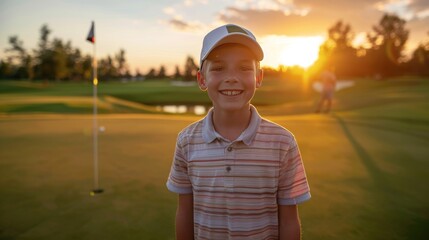 Cheerful caucasian boy posing for the camera during a golf training session on the course