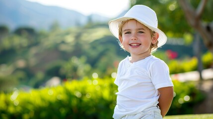 Joyful caucasian boy smiling for camera during golf training session on beautiful course
