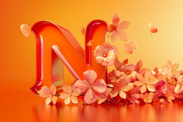 3D Render Letter N with Engraved Flowers on Orange Background