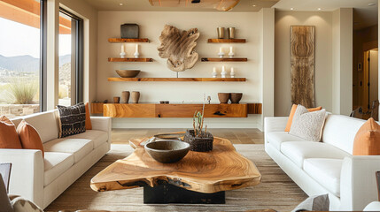 A tastefully decorated living room with a prominent wood floating shelf, enhancing the room's functionality and visual appeal