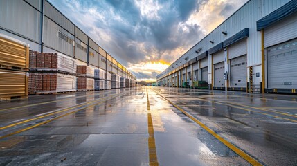 Wet, gleaming loading docks at a warehouse, the sky above is dramatic with clouds breaking for blue sky - Powered by Adobe