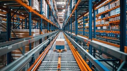 A sleek modern warehouse filled with rows of orange conveyor belts and packaged goods ready for shipment