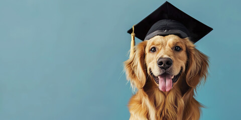 Golden retriever dog with graduate cap, light blue background