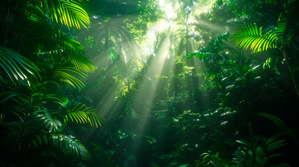 Fototapeta premium a hike through a tropical rainforest, with sunlight filtering through the canopy above