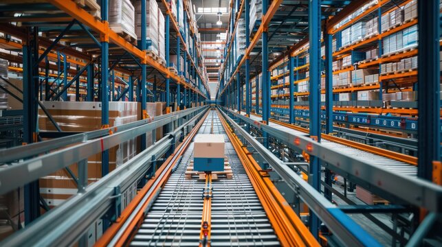 A sleek modern warehouse filled with rows of orange conveyor belts and packaged goods ready for shipment
