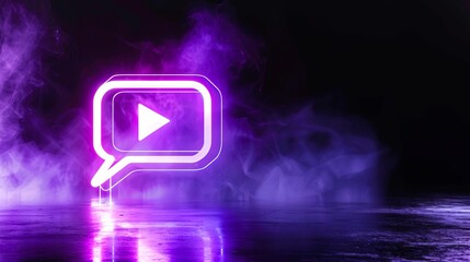 A purple neon sign with smoke and a play button.