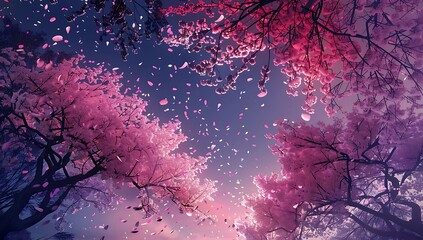 A pink and purple tree filled with blossoms, set against a backdrop of a purple and blue sky. The tree is filled with blossoms, and some appear to be falling, creating a sense of movement and life.