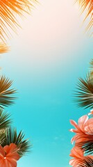 Summer background of A blue sky filled with a cluster of palm trees