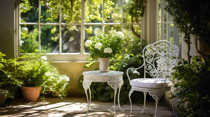 Fototapeta na wymiar A tranquil corner of a garden room furnished with a vintage white wrought iron chr and a small mosc table, surrounded by lush foliage and dappled sunlight, offering a peaceful spot for contemplation