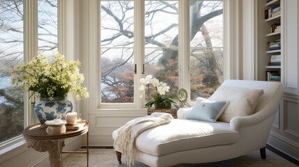 Obraz premium A tranquil reading nook featuring a plush white chse lounge and a small marble-topped table, nestled by a bay window overlooking a garden, offering a peaceful retreat for literary escapades