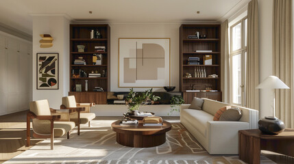 Fototapeta premium A vision of modern sophistication in a living room featuring a statement wood floating shelf, adorned with a carefully curated mix of artwork and decorative objects, surrounded by plush seat