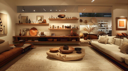 A vision of understated luxury in a modern living room, with a refined wood floating shelf as the centerpiece, adorned with artfully arranged decor and flanked by comfortable seating options, create
