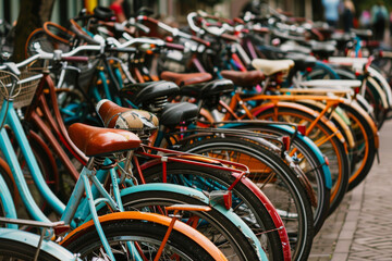 A vibrant display of colorful bicycles neatly lined up, showcasing an array of unique designs and hues, symbolizing urban mobility and cycling culture.