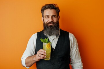 Fototapeta premium Bearded bartender holding cocktail with lemon in hand, on orange background. Confident expression of barman or party host isolated over white wall.