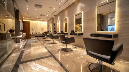 A modern salon demonstrating sleek design with contemporary amenities, ambient lighting, and a welcoming atmosphere