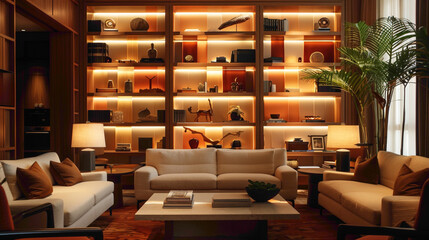 An ambiance of modern sophistication in a living room adorned with a prominent wood floating shelf, adorned with carefully curated objects and framed by chic furniture arrangements, bathed in soft 