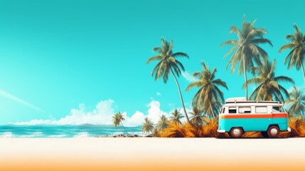 Summer background of A van parked near palm trees on a sunny beach