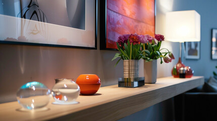 An elegant living space with a focus on a sleek wood floating shelf, adorned with minimalist decor and accented by pops of vibrant color, agnst a backdrop of