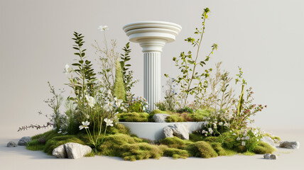  spring summer landscape  garden podium backdrop with geometric arch greek and roman pole . colorful flowers and grass field ,Greek Roman stone gazebo in meadow and flowerbed