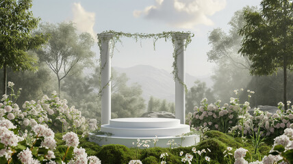  spring summer landscape  garden podium backdrop with geometric arch greek and roman pole . colorful flowers and grass field ,Greek Roman stone gazebo in meadow and flowerbed