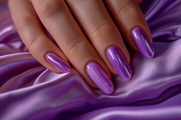  Two-tone French manicure pink and purple with decoration in the form of heart.Female hands with purple nail design. Glitter purple nail polish manicure. Woman hands on brown fabric background