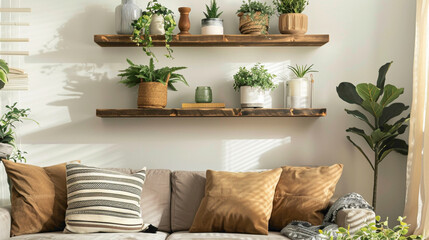 An inviting living room with a stylish wood floating shelf serving as a focal point for displaying plants and decorative accents