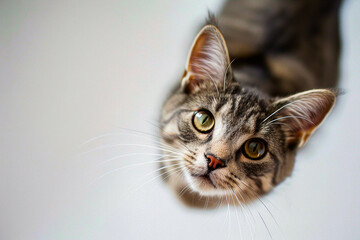 Obraz premium A cat with green eyes is looking up at the camera