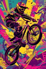 Naklejka premium bmx bicycle biker on neon bright abstract city background, concept of extreme sport style, world bicycle day