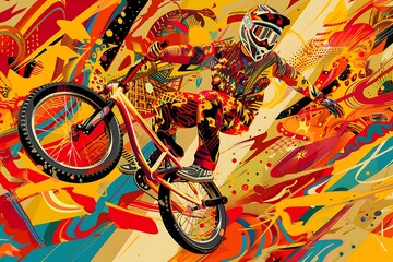 Naklejka premium bmx bicycle biker on red yellow abstract city background, concept of extreme sport style, world bicycle day