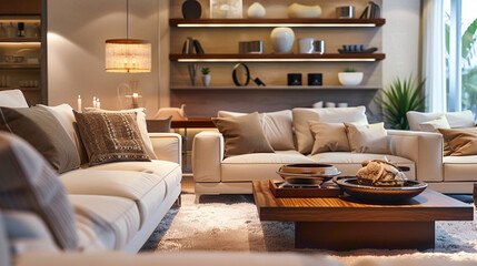 An upscale living room adorned with a meticulously arranged wood floating shelf, adding a touch of sophistication to t
