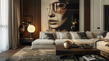 Discover a stylish living room adorned with contemporary accents A large mock-up poster serves as a focal point, while a wooden coffee table features a fashionable ball lamp, adding a touch of glamour