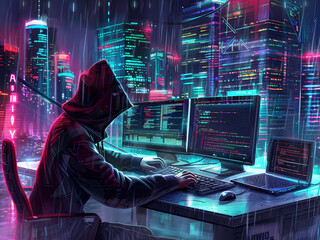 IA Generated image of A man in a hoodie is typing on a computer in a cityscape. Scene is dark and mysterious