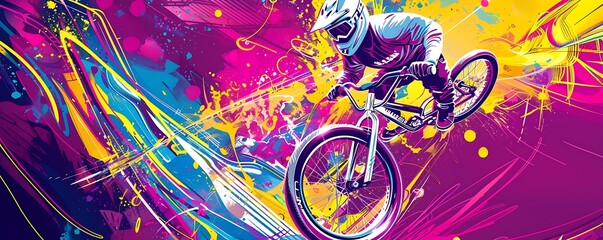 Naklejka premium bmx bicycle biker on purple yellow abstract city background, concept of extreme sport style banner, world bicycle day