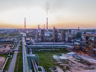 Sunset aerial view of an oil refinery.