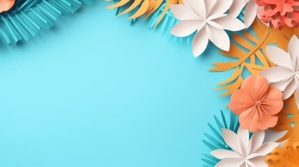 Obraz premium Summer background of Blue background adorned with paper flowers and leaves